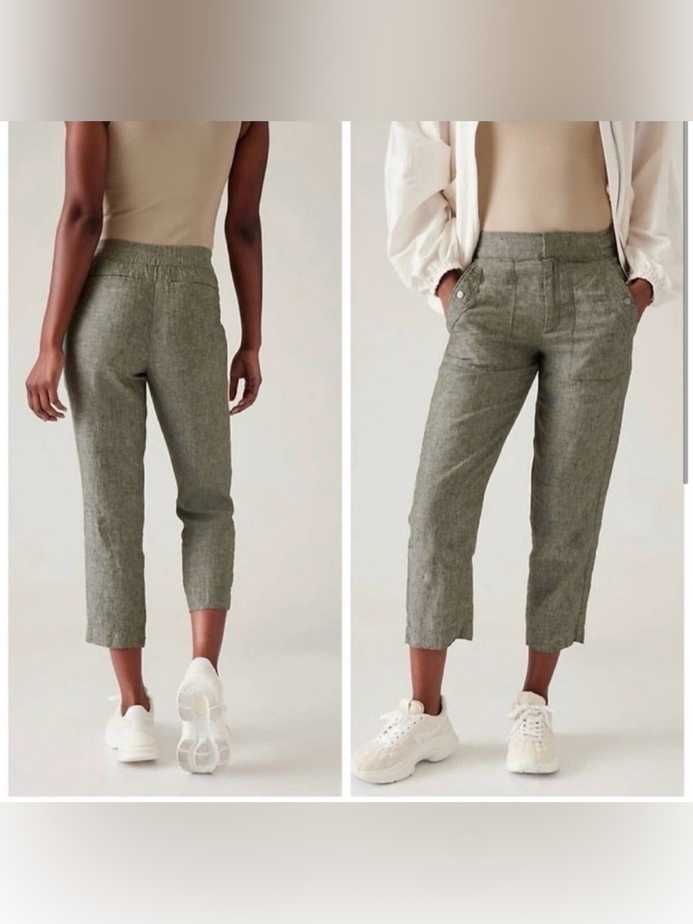 Athleta Voyager Olive Cropped Linen-Blend Ankle Pants